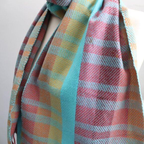 Cashmere Made in Germany Multicolor Colorful Plaid Neck Scarf With Fringe - Picture 4 of 4